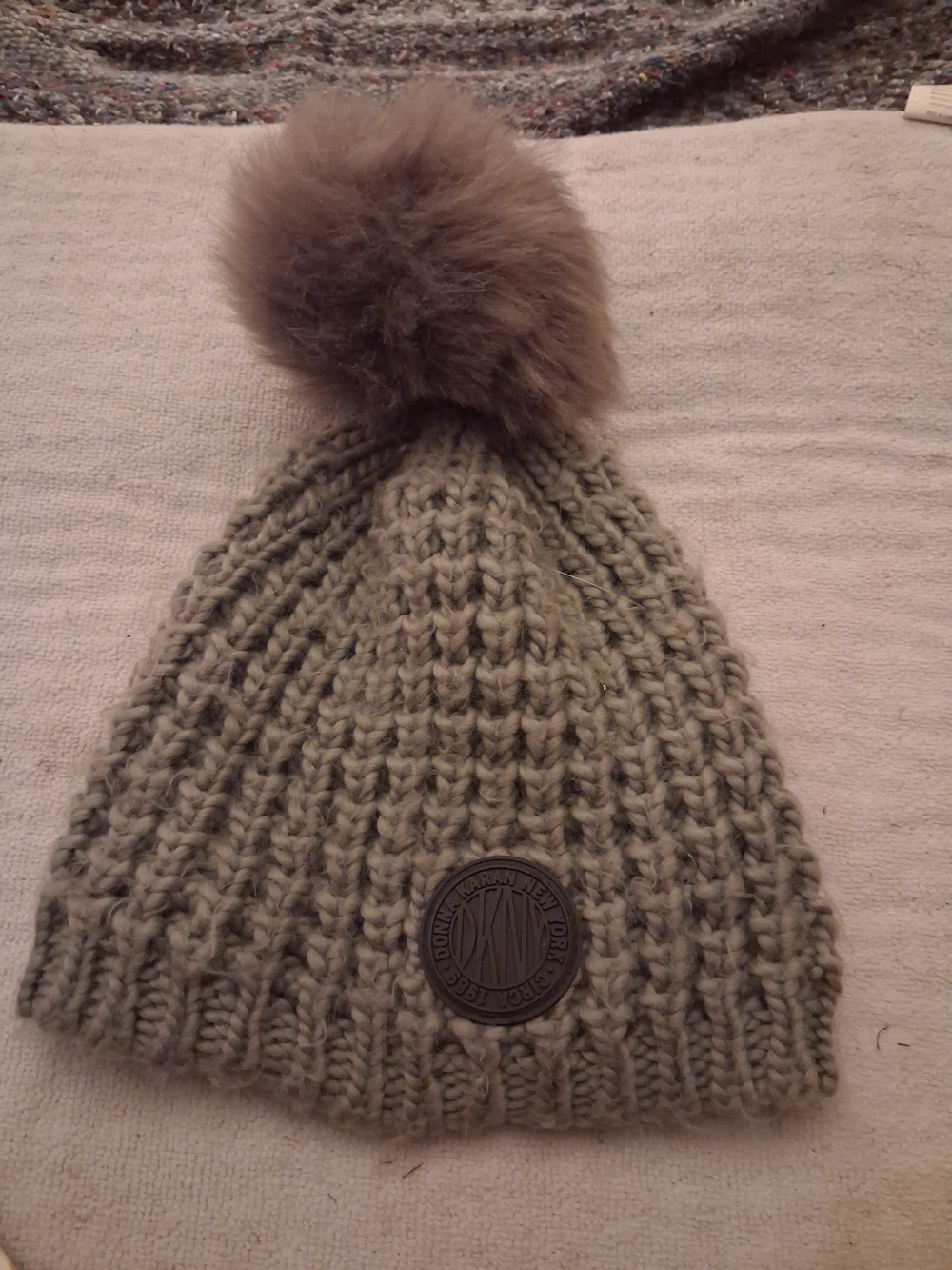 DKNY Taupe/grey Knit Pom Beanie. NWOT